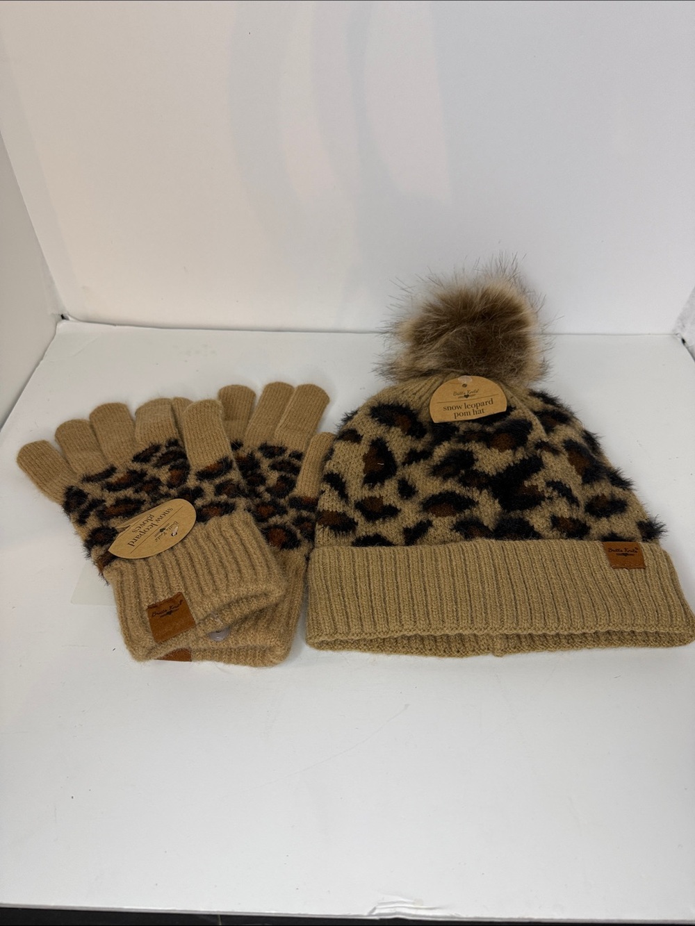 Britt's Knits Leopard Knit Pom-Pom Beanie and Gloves Set - Camel